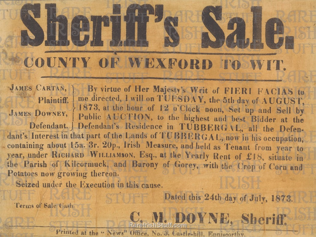 Sheriffs Sale, James Downey, Wexford, 24th July 1873