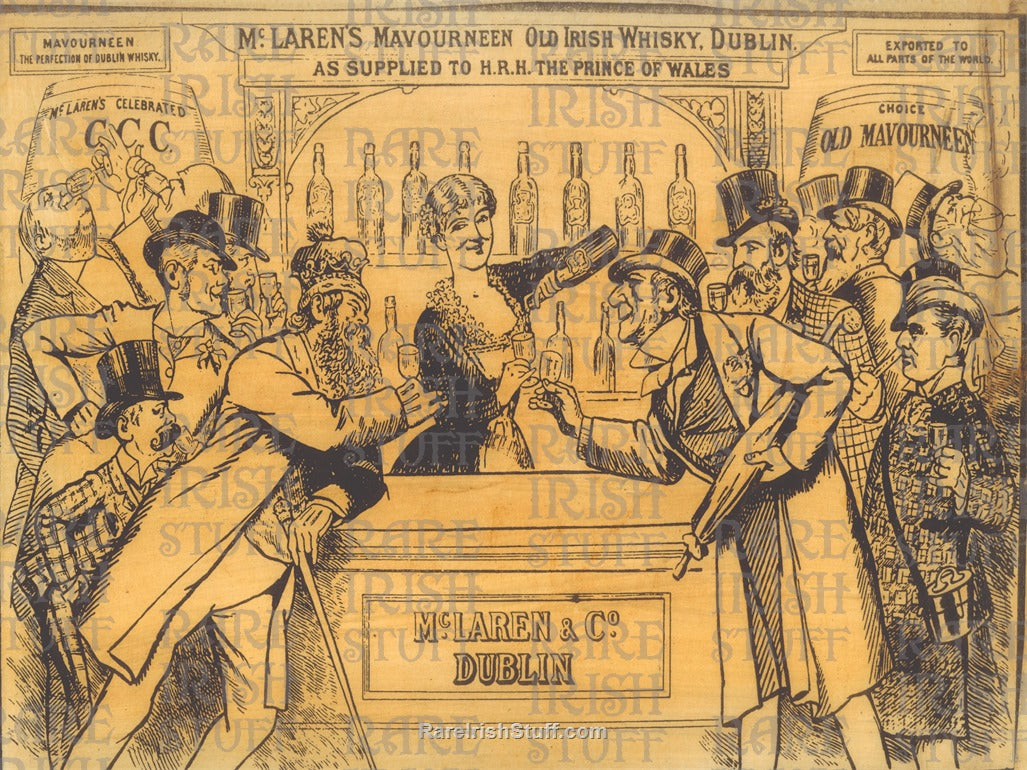 Old Irish Whiskey Advertisement Pub & Barmaid Scene c.1890