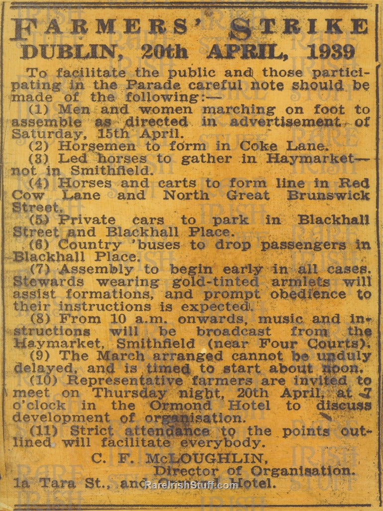 Irish Farmers Strike in Dublin poster 20th April 1939