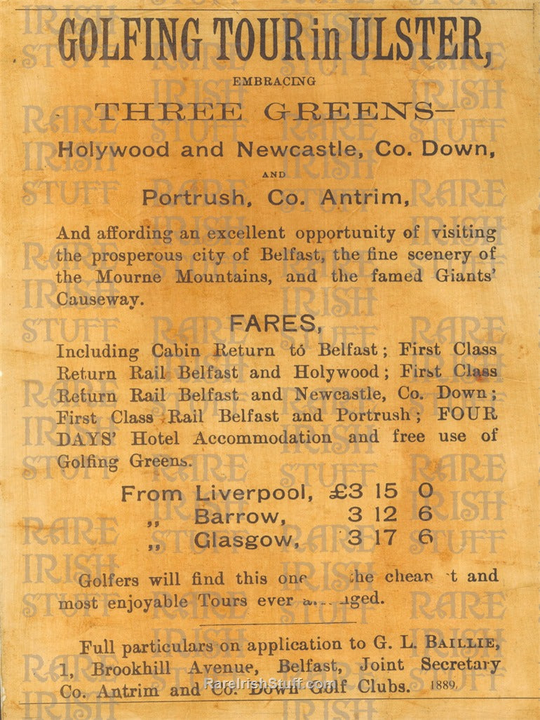 Irish Golf Advertising Poster, 1889 - 3 Greens Golfing Tour in Down and Antrim