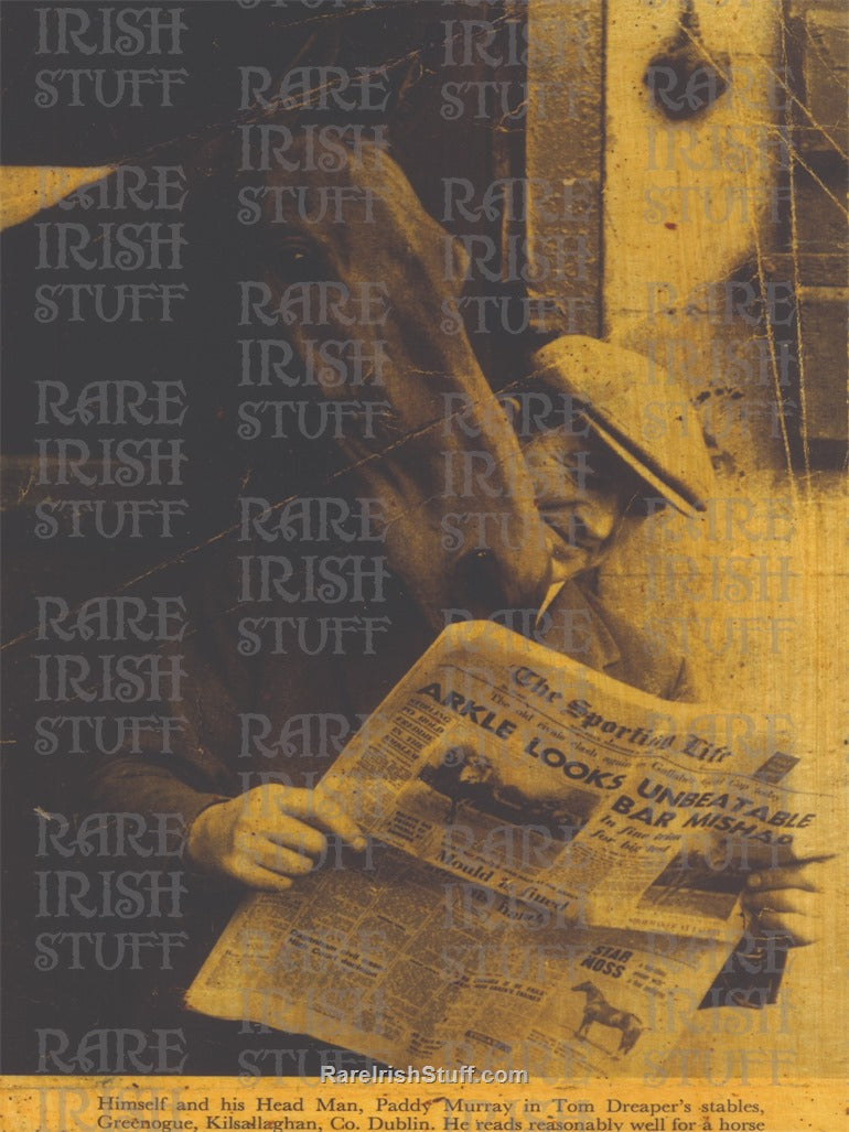 Irish Horse Racing Legend ARKLE Reading Newspaper with Trainer, 1960's