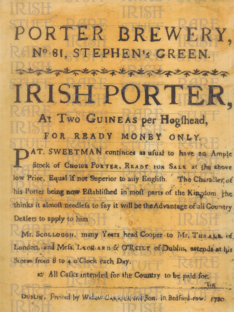 Irish Porter Brewery Advertisement, Stephen's Green, Dublin, 1780
