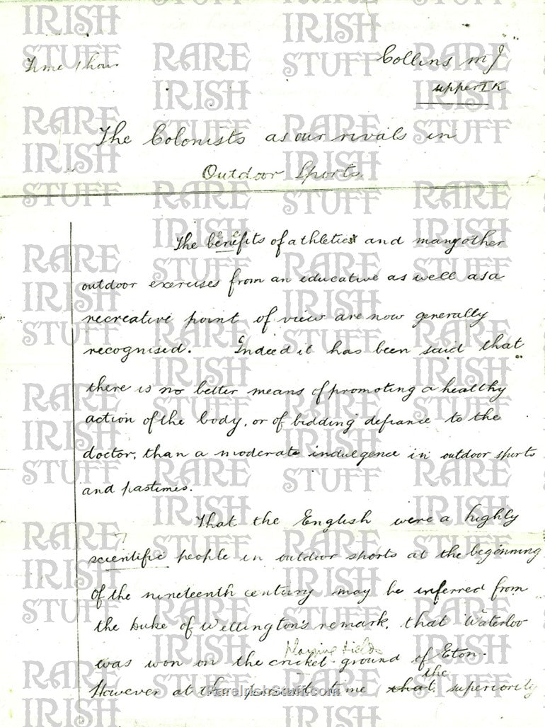 Michael Collins Four Page School Essay Aged 13, 1904
