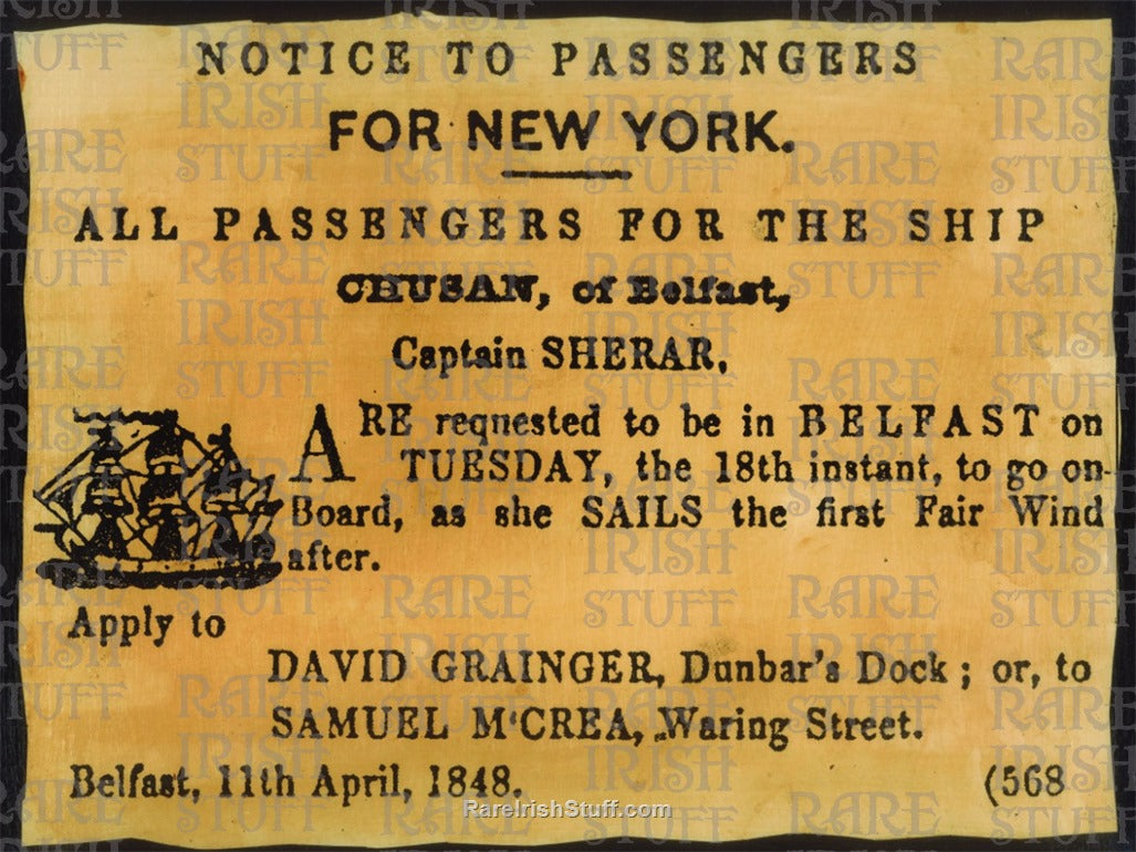 Irish Emigration 'Coffin Ship' Poster, Belfast to New York, 1848