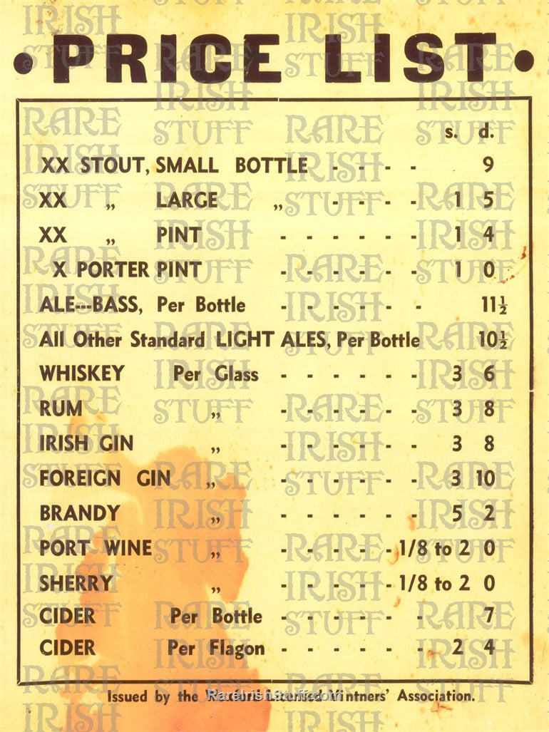 Old Price List from Wexford Pub