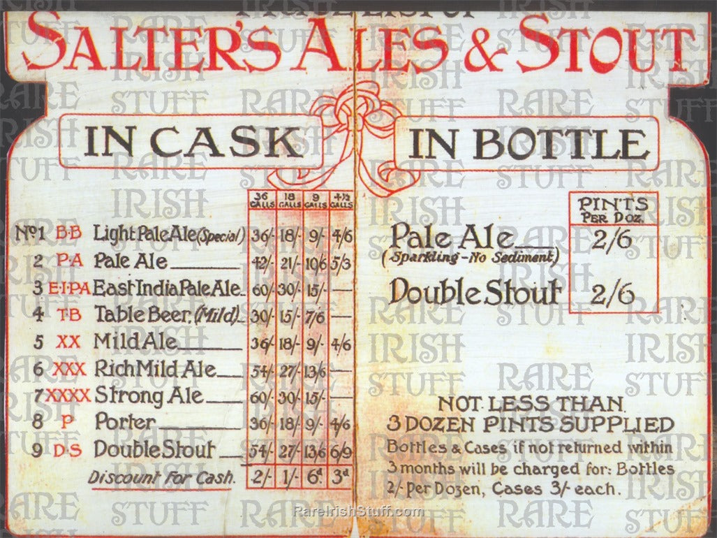 Salter's Ale & Stout Vintage Irish Pub Price List