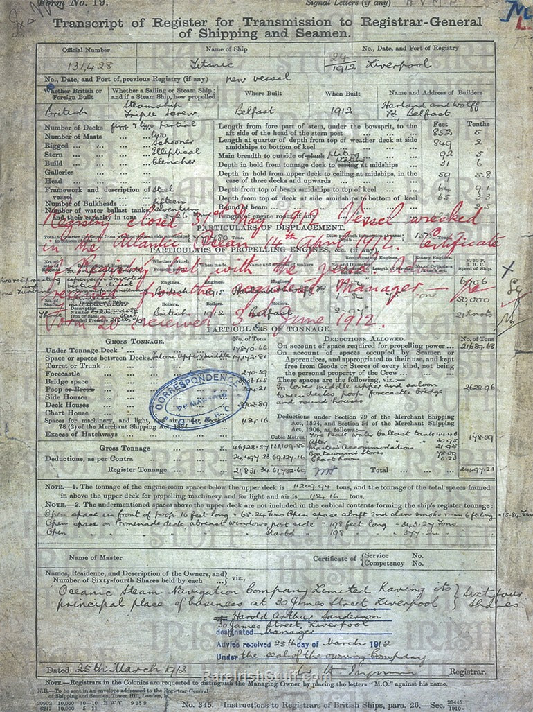 Titanic & White Star Line Transcript of Register - 25th March 1912
