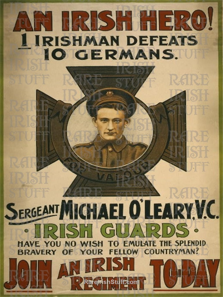 WW1 Recruitment Poster - Irishman Michael O'Leary defeats 10 Germans