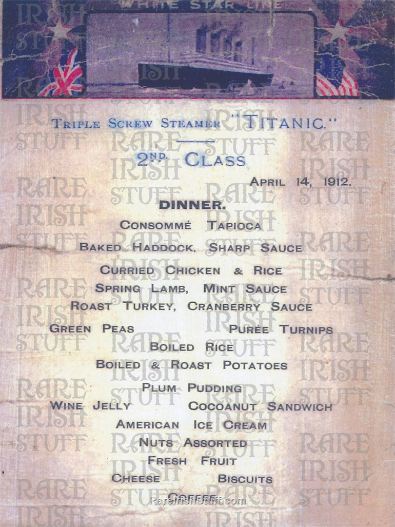 Titanic 2nd Class Menu, April 14th, 1912