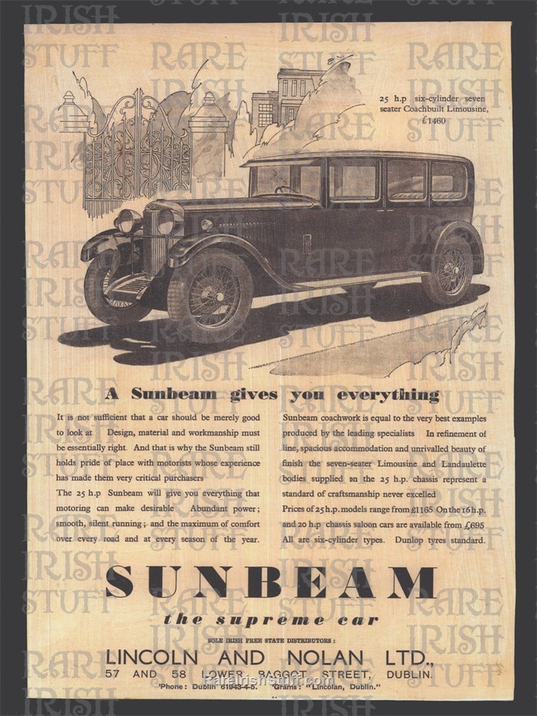 Sunbeam "The Supreme Car", Baggot Street, Dublin - Sole Irish Free State Distributors
