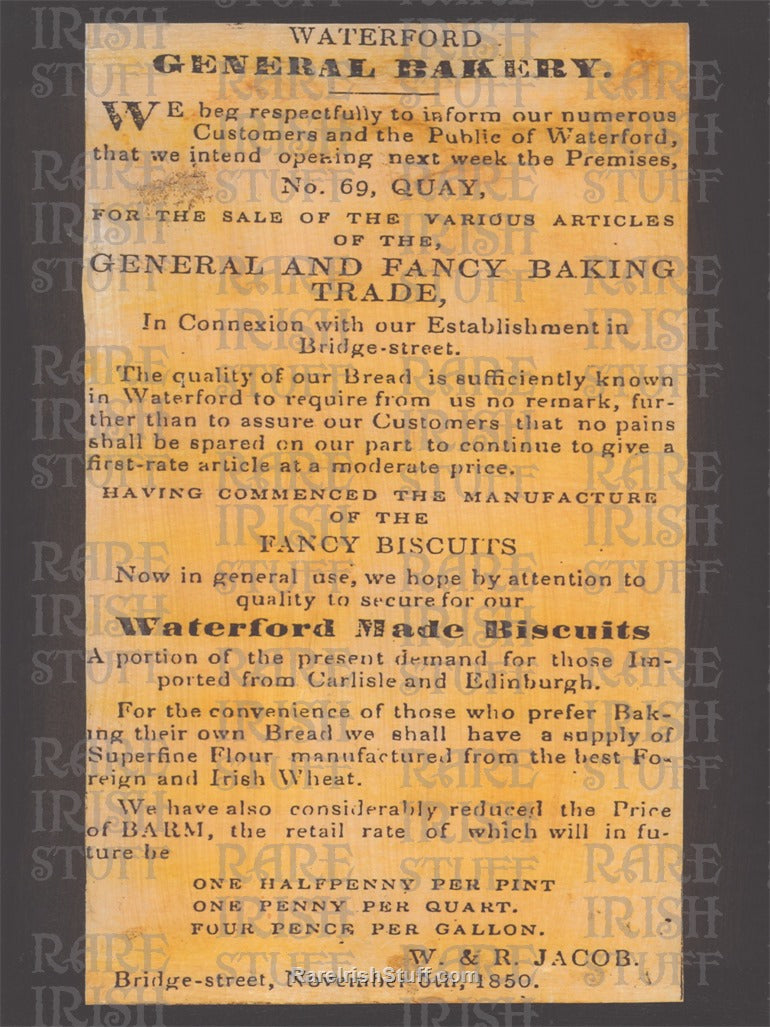 First advertisement for Jacob's Biscuits, Waterford Bakery, 1850
