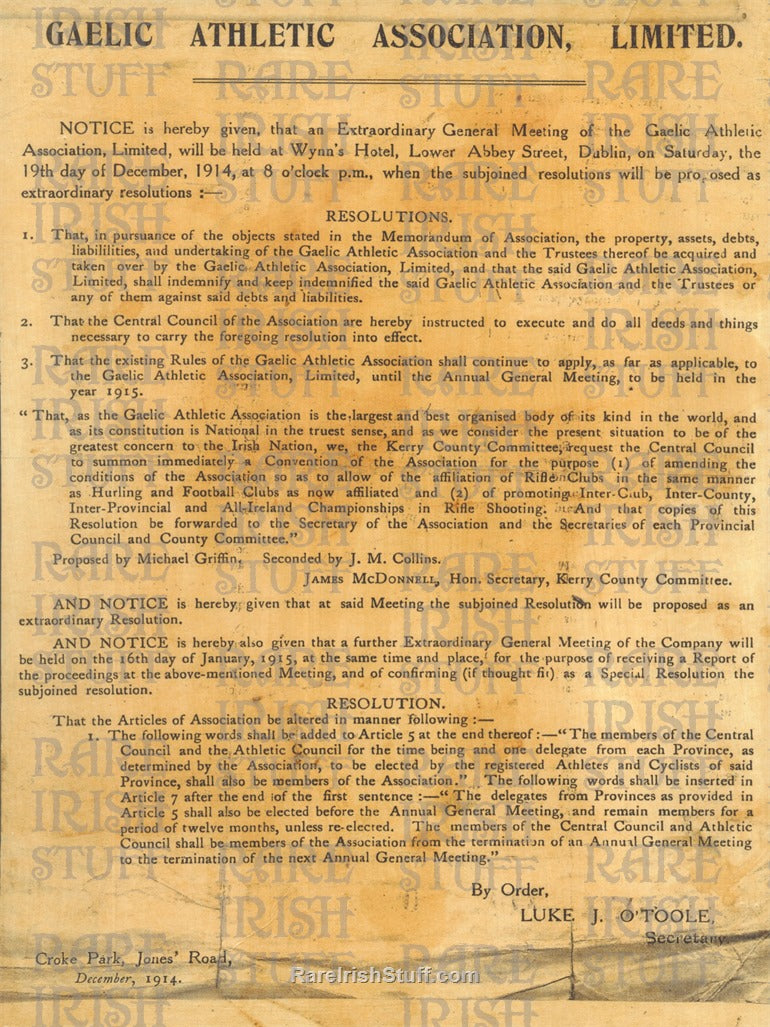 GAA Gaelic Athletic Association Meeting, Wynns Hotel, Abbey Street, Dublin, 1914