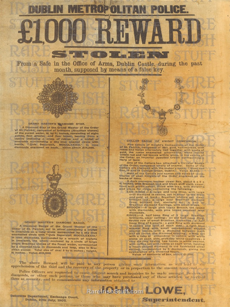 Dublin Metropolitan Police - £1000 Reward Poster - Jewels Stolen from Dublin Castle, 1907