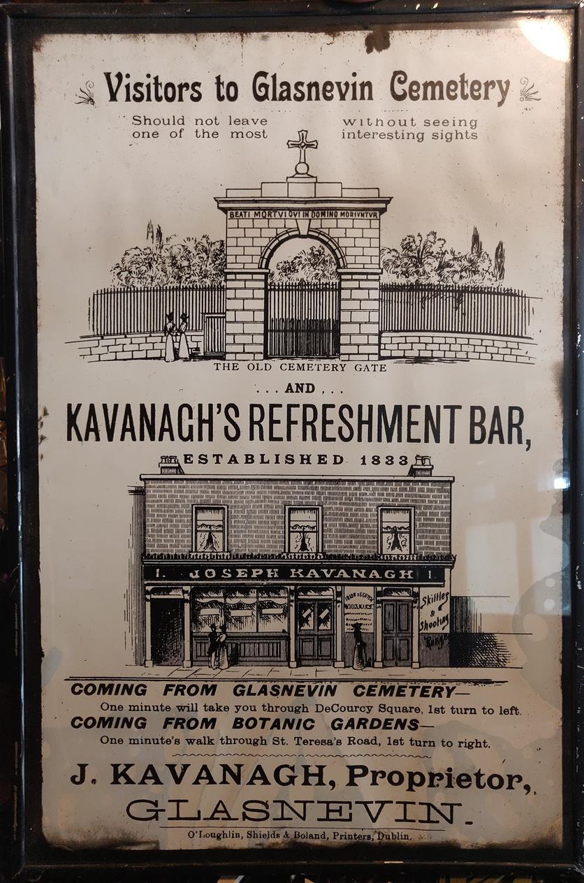 Original c.1880 advertisement for John Kavanagh's pub, better known as 'The Gravediggers'.