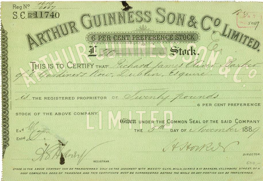 Arthur Guinness Preference Stock Cert (£20)