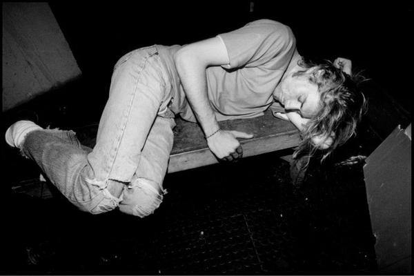Kurt Cobain takes a nap, Sir Henrys Pub, Cork. August 20th, 1991.
