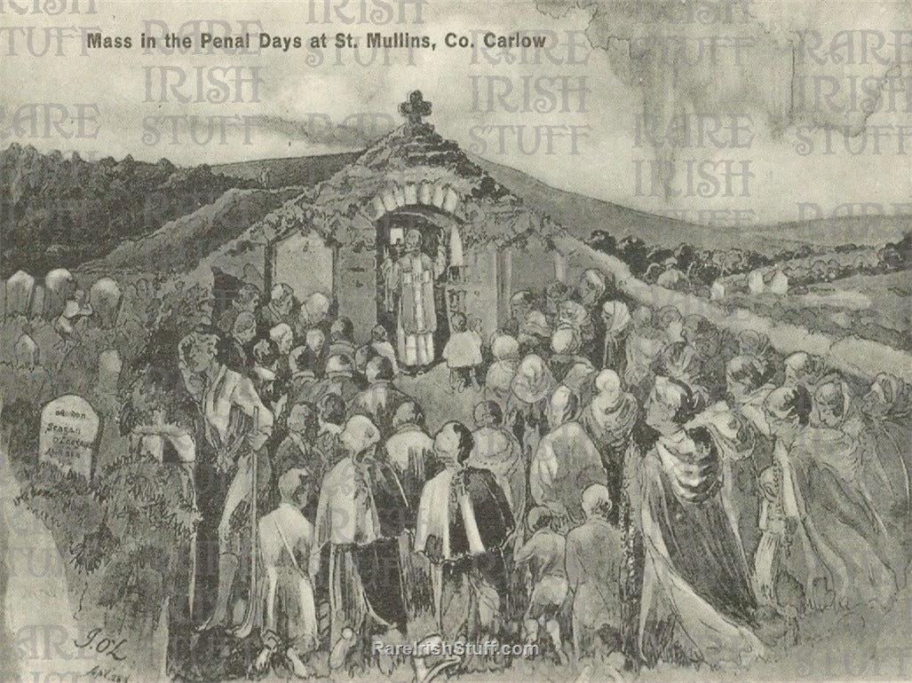 Rare Artist impression of Mass during Irish Famine St Mullins, Co. Carlow, Ireland 1800's
