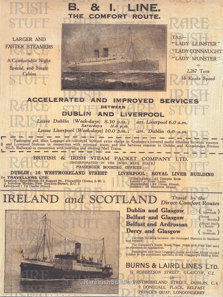 B & I Steamer Line advertisement poster, routes from Dublin
