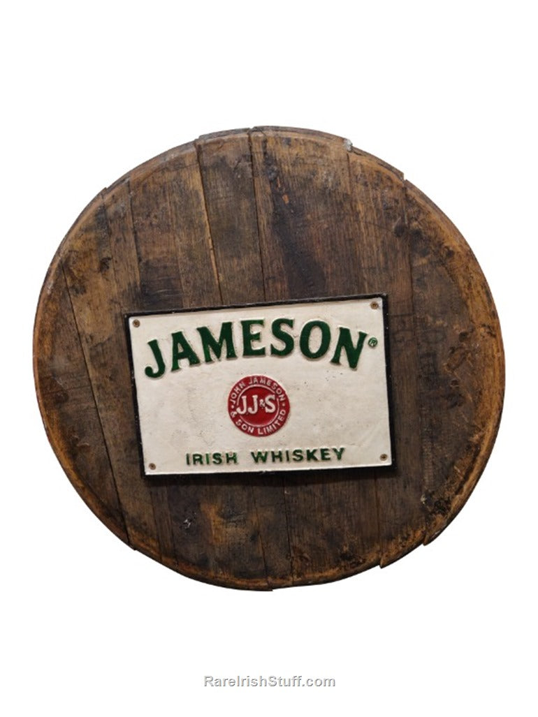 Antique Whiskey Barrel Top with Cast Iron Jameson Label