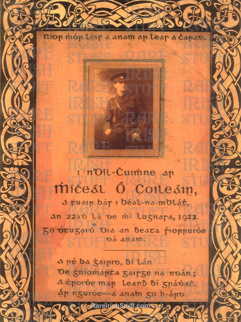 Michael Collins Memorial Card Irish / Gaelic script with Celtic motif.