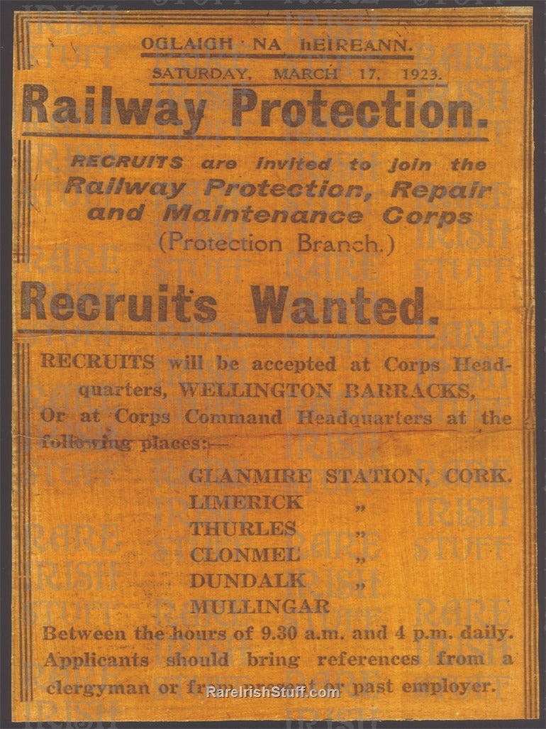 Recruits Wanted, Railway Protection - Mullingar, Clonmel, Dundalk, Thurles, 1923