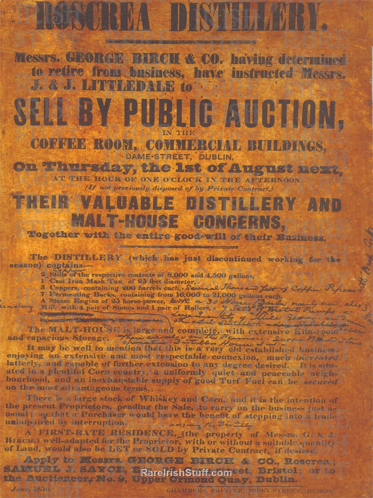 Roscrea Distillery for sale by Public Auction, Tipperary Notice, 1830
