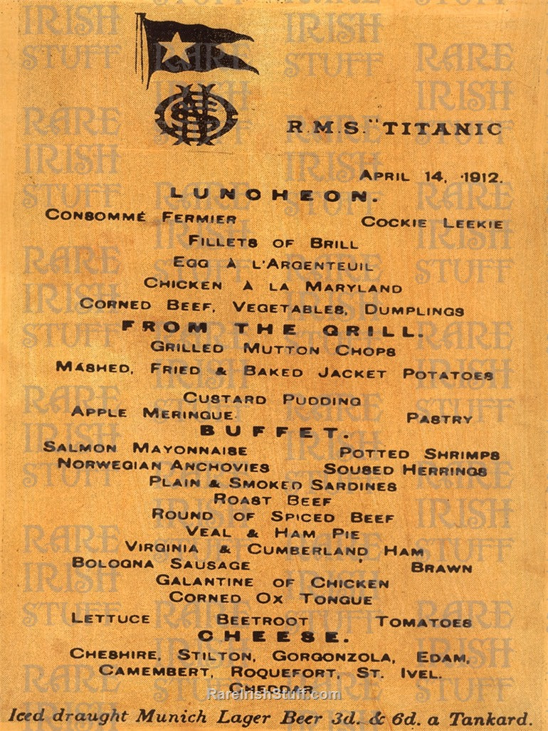 Titanic Final Lunch Menu 1912