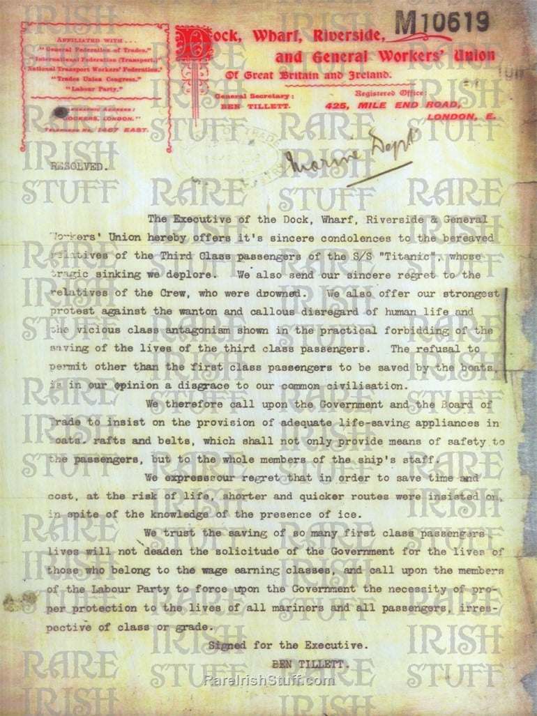 Titanic Memorabilia Letter Regarding Life Rafts for Third Class Passengers