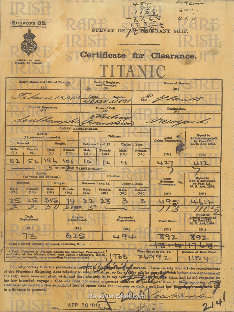 Certificate of Clearance for Titanic Sailing - April 10th 1912